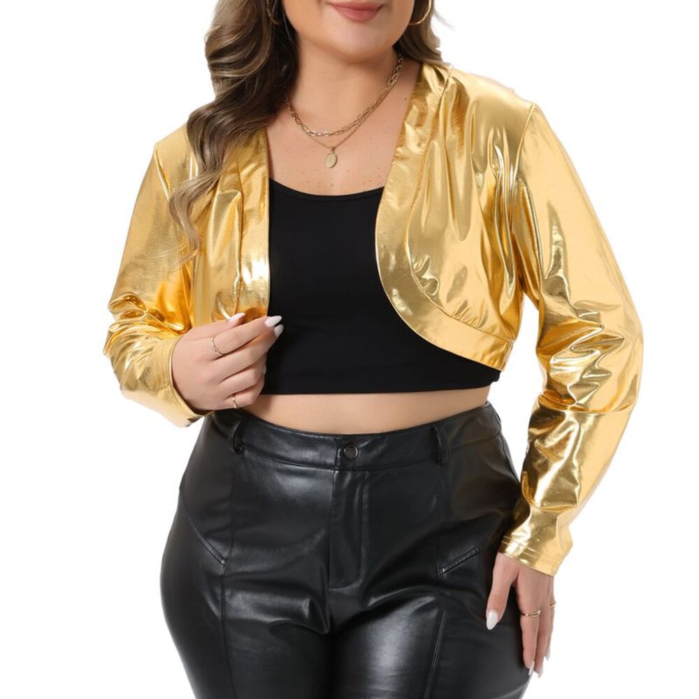 Women Plus Size Metallic Shrug Open Front Cropped Jackets Gold